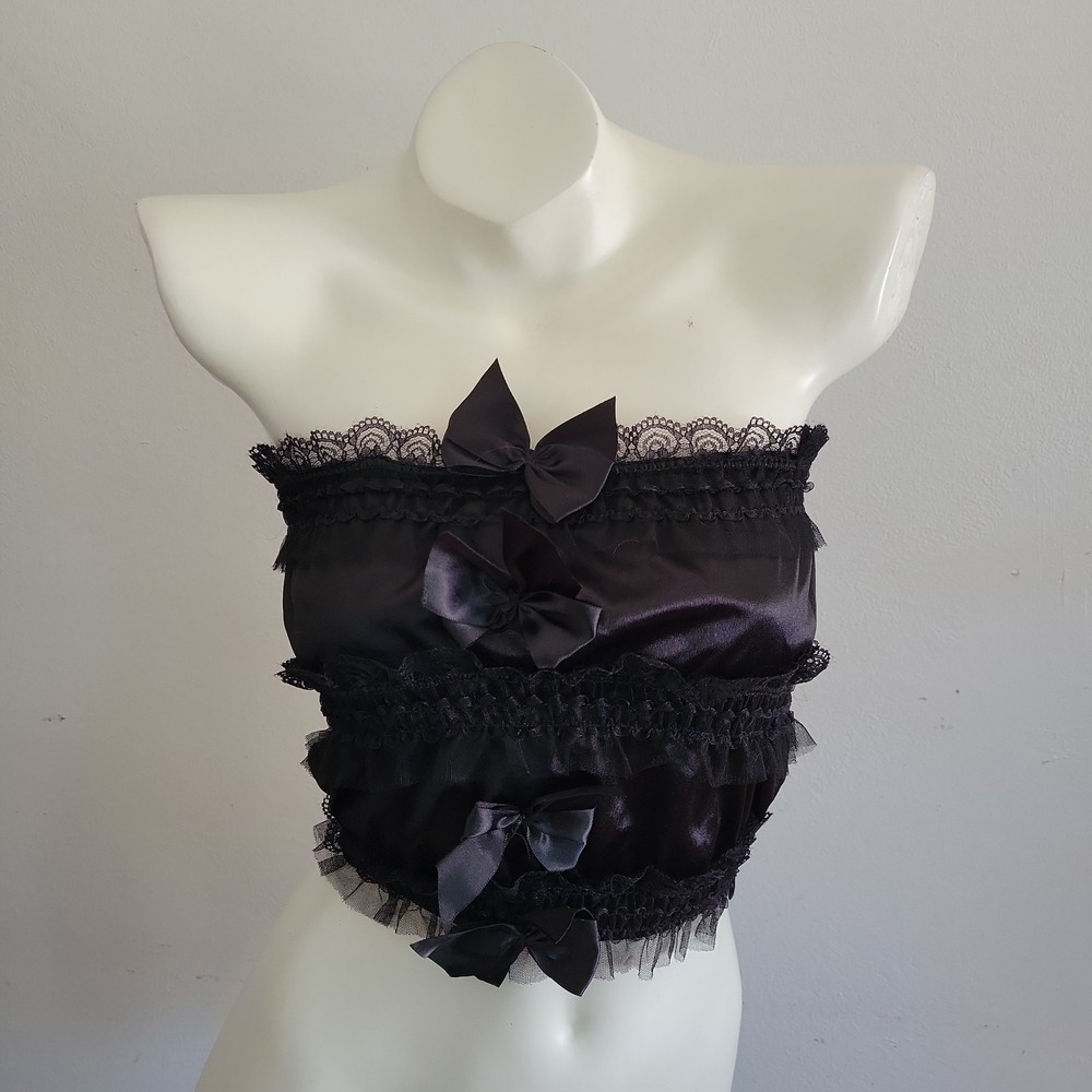 Satin Tube Top Medium Black Ruffled Lace Bows Strapless Coquette Whimsigoth